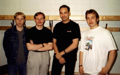 Some of the music jury members. From left Milan 'Acumen' Kolarovic (me), Peter 'Skaven' Hajba, Markus 'Captain' Kaarlonen and Jonne 'Purple Motion' Valtonen. The 7 hour jobs constrainment can be best seen on Skaven's heavy eyelids.
