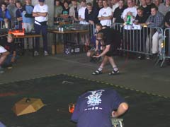 Photo from the 'Robo war' competition where radio-controlled 'robots' fought each other.